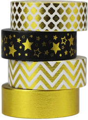 Set di Nastro Adesivo Decorativo a 4 Rolli - Oro/Nero - Nastro Adesivo Decorativo - Fai da Te/Hobby - Scrapbooking - Nastro Adesivo Autoadesivo/Ragno - 10 m per Rotolo - Nastro Decorativo