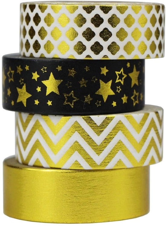 Set di Nastro Adesivo Decorativo a 4 Rolli - Oro/Nero - Nastro Adesivo Decorativo - Fai da Te/Hobby - Scrapbooking - Nastro Adesivo Autoadesivo/Ragno - 10 m per Rotolo - Nastro Decorativo