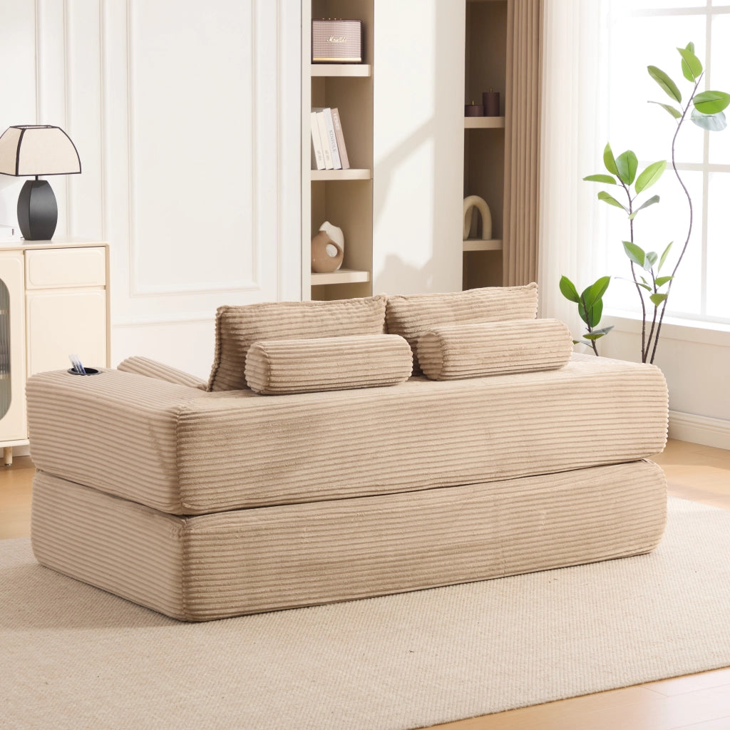 Divano letto 2 posti - con tasche laterali e portabicchieri - in velluto a coste - khaki