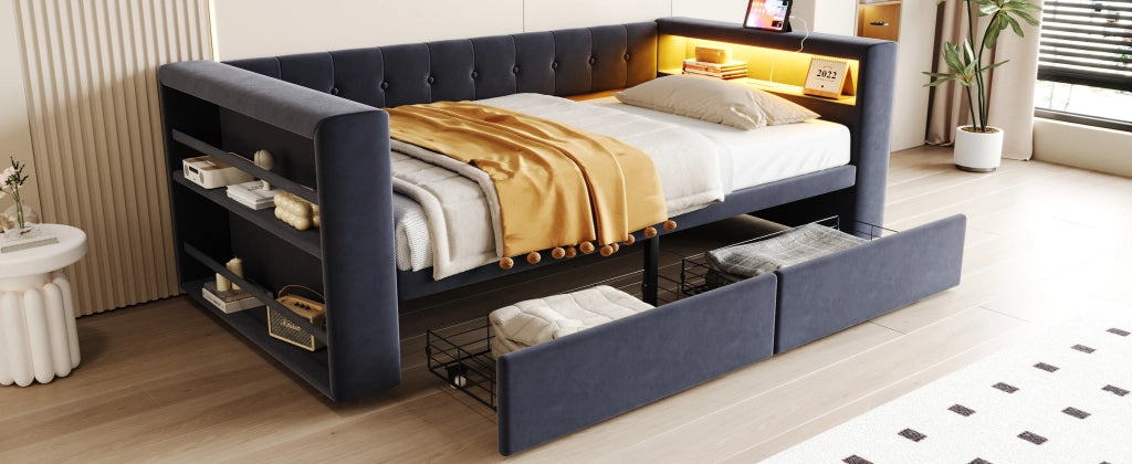 DESMIU Lit simple 90 × 190 cm con LED multicolore, prese, vani e cassetti, senza materasso, grigio scuro