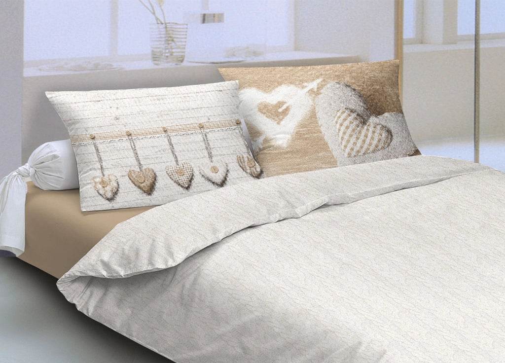Copripiumino Sacco Piumone Pensieri Delicati Cotone Disegno Cuore Appeso - Matrimoniale - Beige