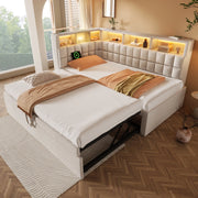OKWISH Letto a Divano Singolo con Letto estraibile, USB, Tipo C, LED Regolabile e Altoparlante Bluetooth, 90×200 cm, senza Materasso, Beige