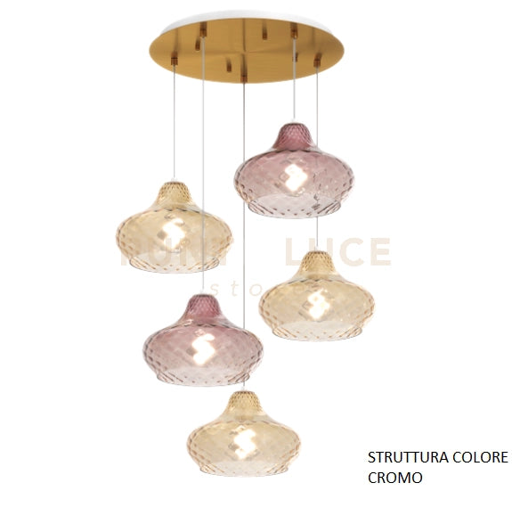 SOSPENSIONE CROMO 5 LUCI TONDA VETRI (3 X PICCOLO AM + 2 X PICCOLO RU) 1191CR-S5 TP-AR