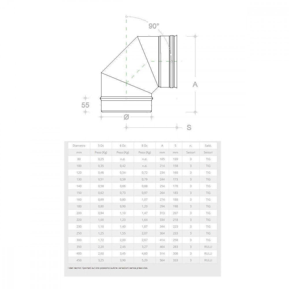 Gomito curva acciaio inox 140mm 5 decimi aisi 304, scegli se  90 gradi