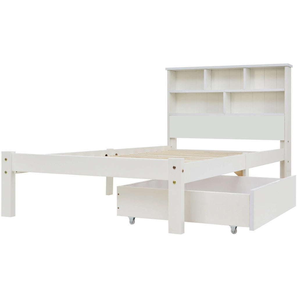 Letto singolo 90x200 cm con testiera a libreria e cassetti; in legno massello e MDF; bianco