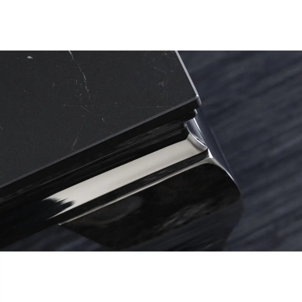 Tavolino basso VELENA 100 cm effetto marmo nero in pietra sinterizzata – Gambe curve argentate