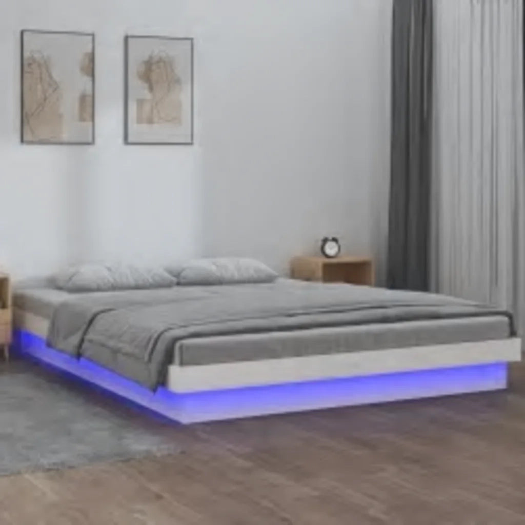 Letto matrimoniale | Letto per adulti | Giroletto con LED Bianco 160x200 cm in Legno Massello