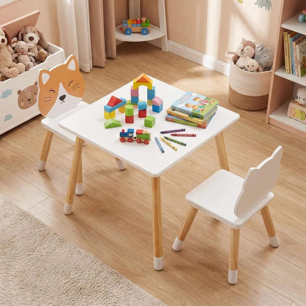 Set Tavolo e Sedie per Bambini 3+ Anni, Set Tavolino e Sedia in Legno a Forma di Gattino, Angoli Arrondati, Sedia Ergonomica con Schienale, Ideale per Giocare, Disegnare e Leggere