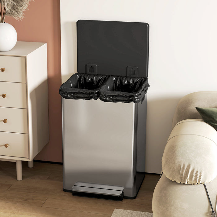 Pattumiera a Pedale con 2 Scomparti da 30L Coperchio Ammortizzato e Secchi Rimovibili in Acciaio Inox Argento
