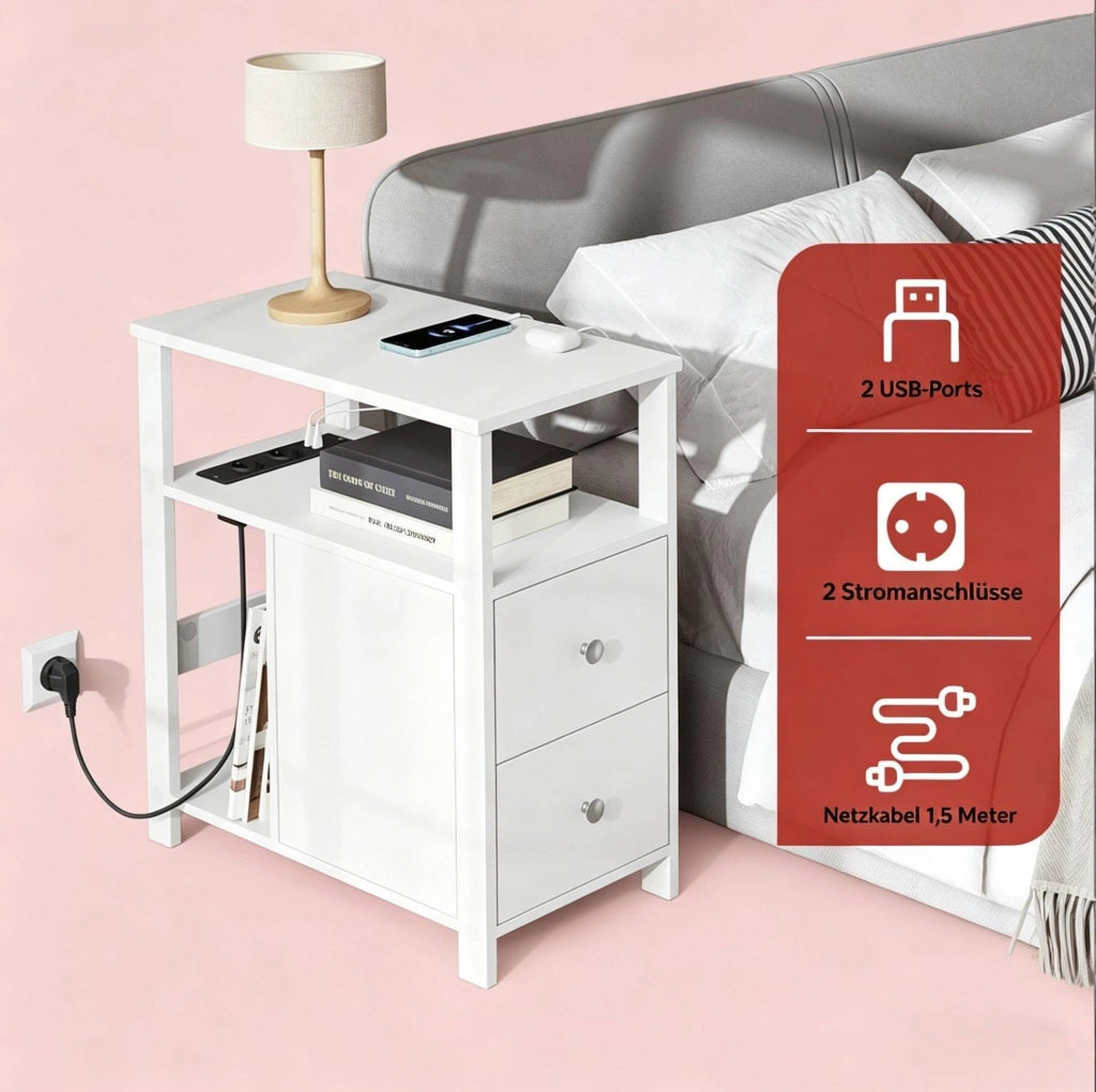 Tavolino laterale stretto bianco con prese elettriche e USB, 60x60x30 cm