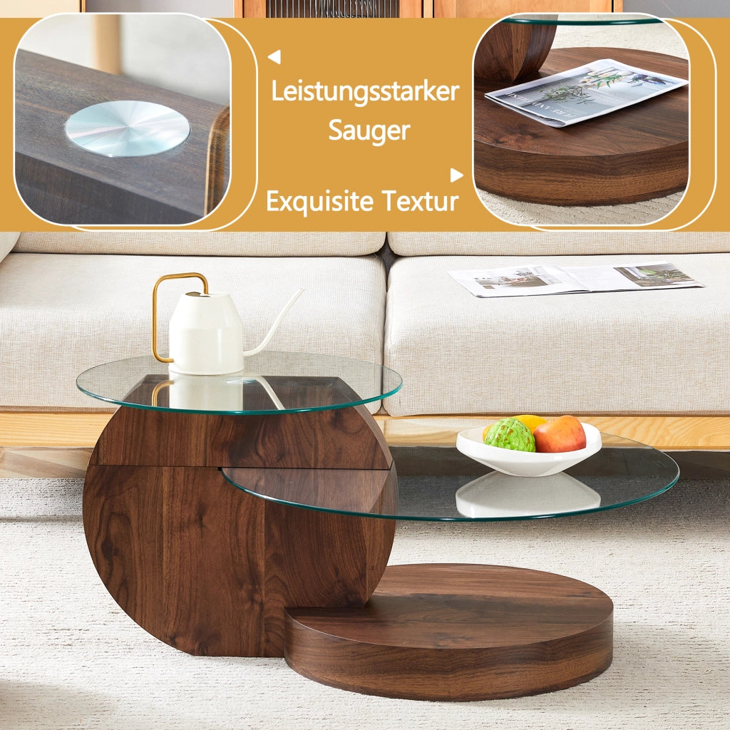 Tavolino da caffè a doppio ripiano con piano in vetro - per soggiorno - in MDF e vetro - 78.5×78.5×24.5 cm - trasparente e noce