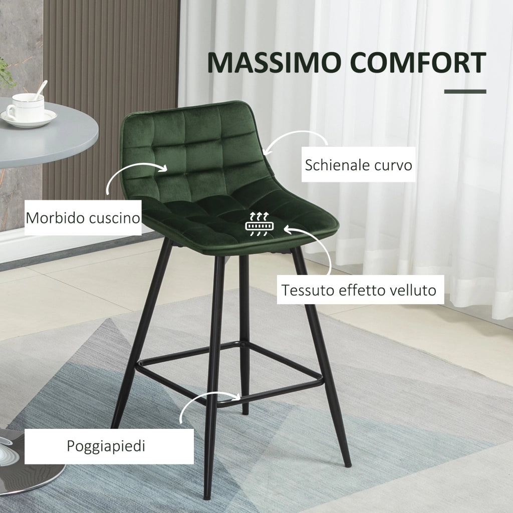 Set 2 Sgabelli da Bar con Schienale e Poggiapiedi Stile Nordico in Metallo e Velluto, Verde, 45x47x84cm