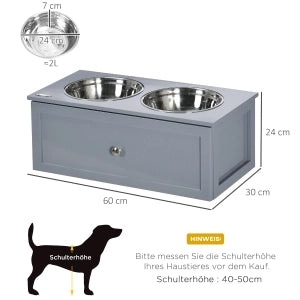 Scaffale rialzato con due ciotole in acciaio inox e cassetto per cani medi grigio 60 × 30 × 24 cm