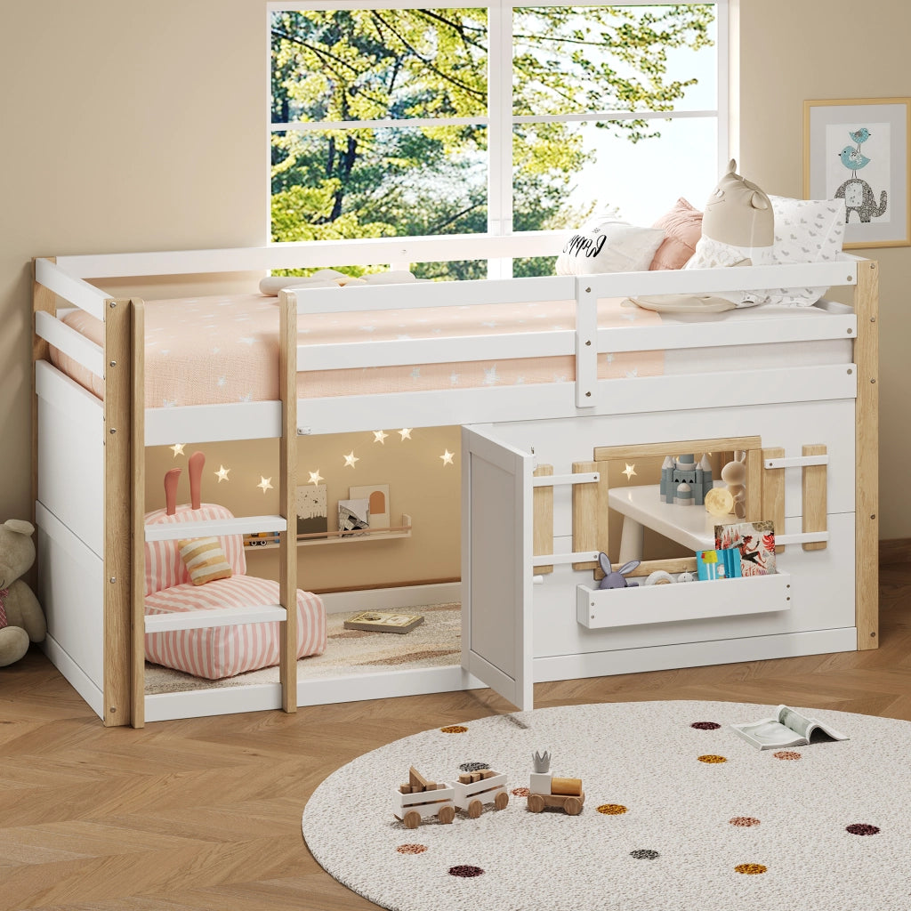 Letto a castello in legno massiccio 90x200 cm, bianco, con rete a doghe, senza materasso
