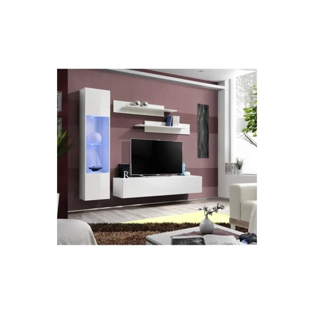Mobile TV FLY G3 design, colore bianco lucido. Mobile sospeso moderno e alla moda per il tuo soggiorno.