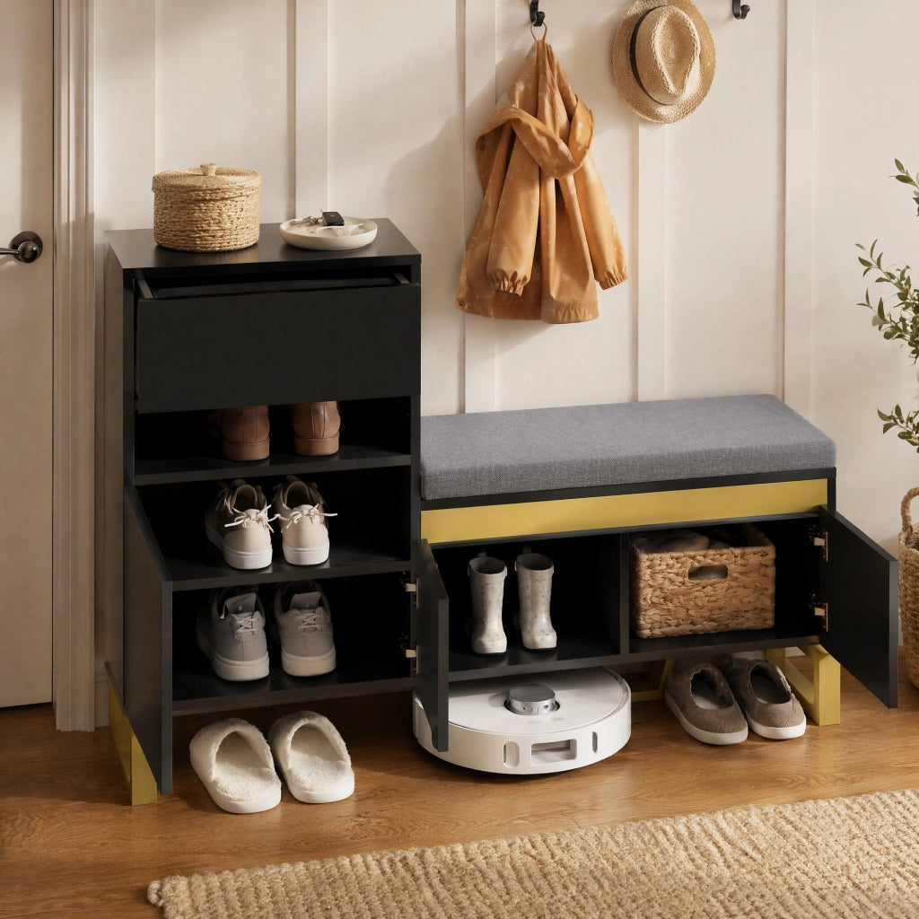 Scarpiera multifunzione con panca e cuscino; 120x35x85 cm; MDF nero lucido con dettagli oro