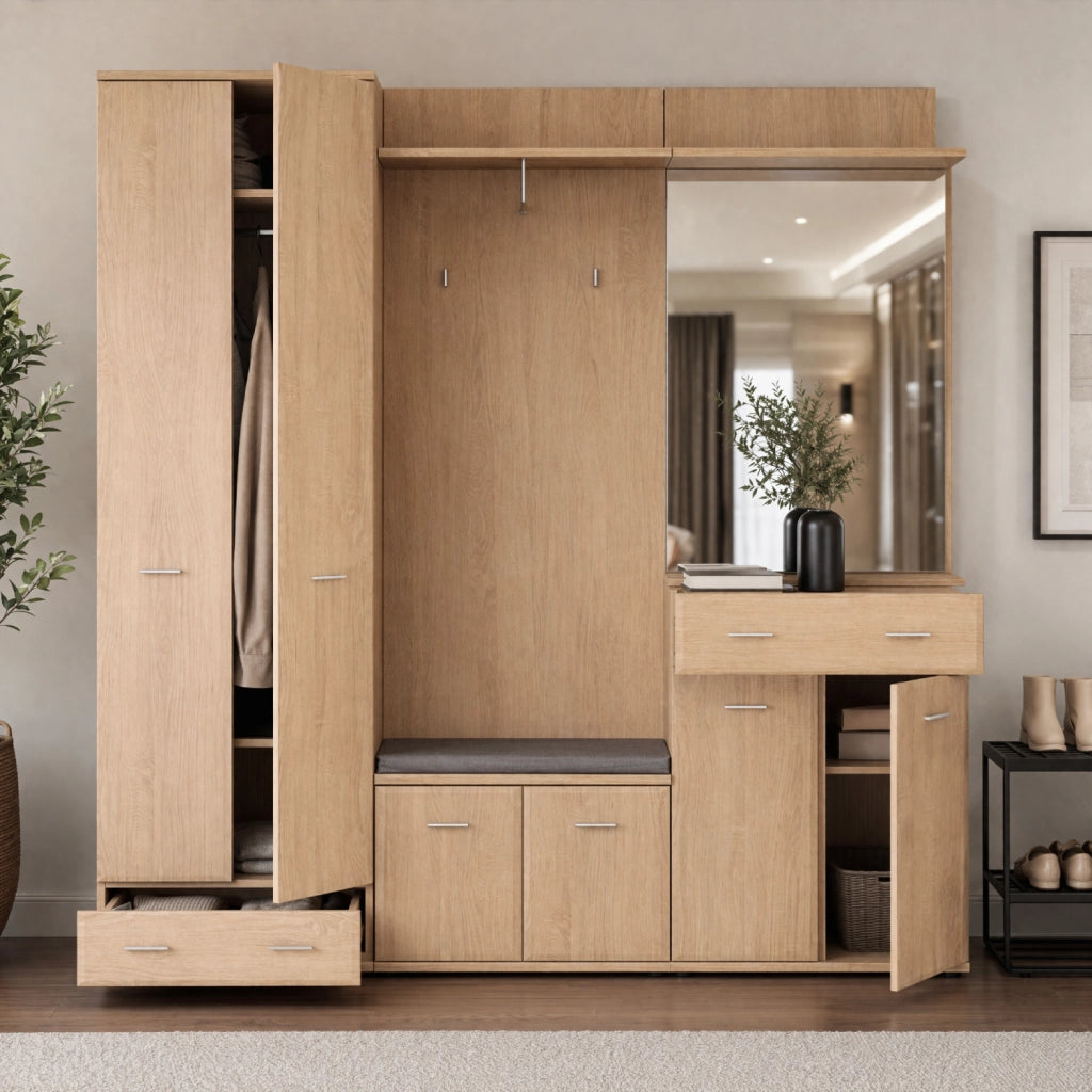 Mobile Ingresso Completo 180 cm Set Entrata con Panca Portascarpe, Appendiabiti Specchio e Armadio Guardaroba Design Moderno Salvaspazio per Corridoio Rovere 180x32x203 cm