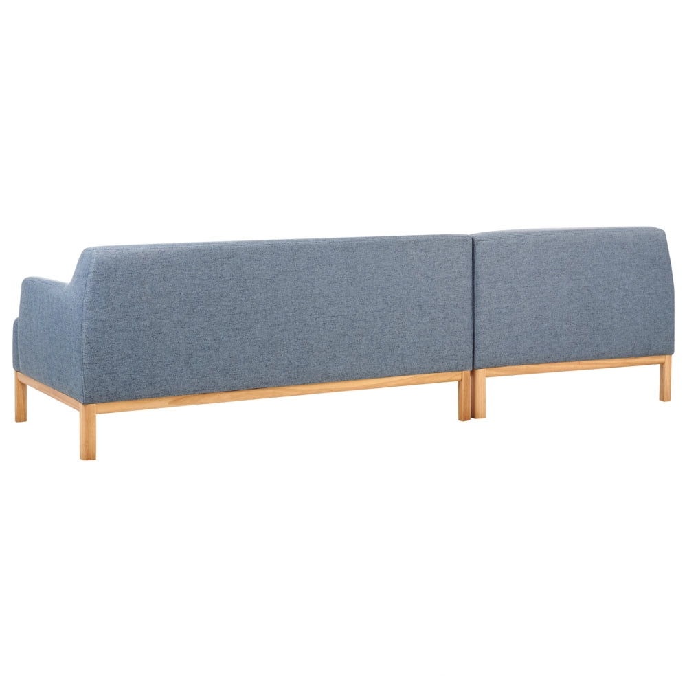Divano angolare a destra Tessuto poliestere blu Gambe di legno Soggiorno elegante
