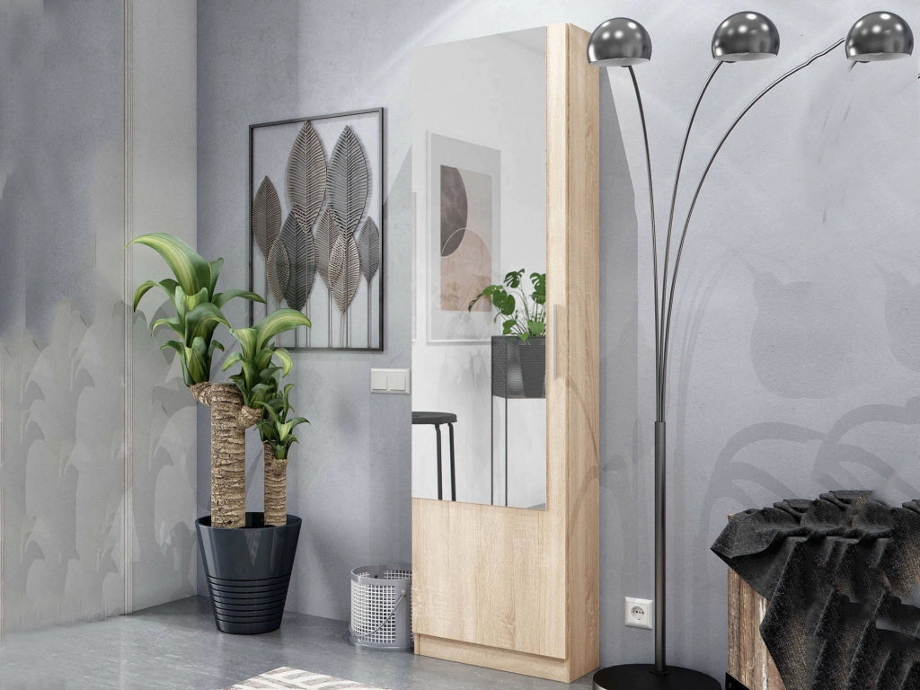 Scarpiera Euro, Armadio portascarpe alta a 1 anta, Mobile portascarpe moderno, Armadio da ingresso con specchio, cm 50x22h180, Rovere