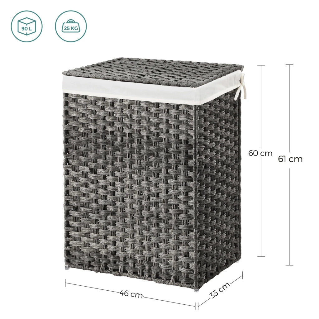 Cesto portabiancheria intrecciato a mano da 90 litri cesto portabiancheria in rattan sintetico con coperchio e manici pieghevole sacco interno rimovibile 12_0006699