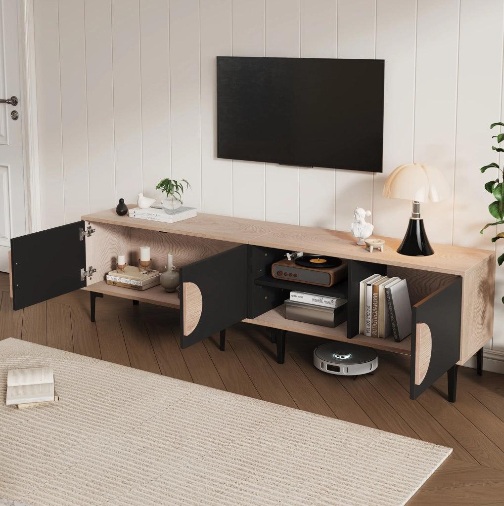 Mobile TV 180x35x49 cm con 3 ante e 2 vani aperti in truciolato naturale e nero