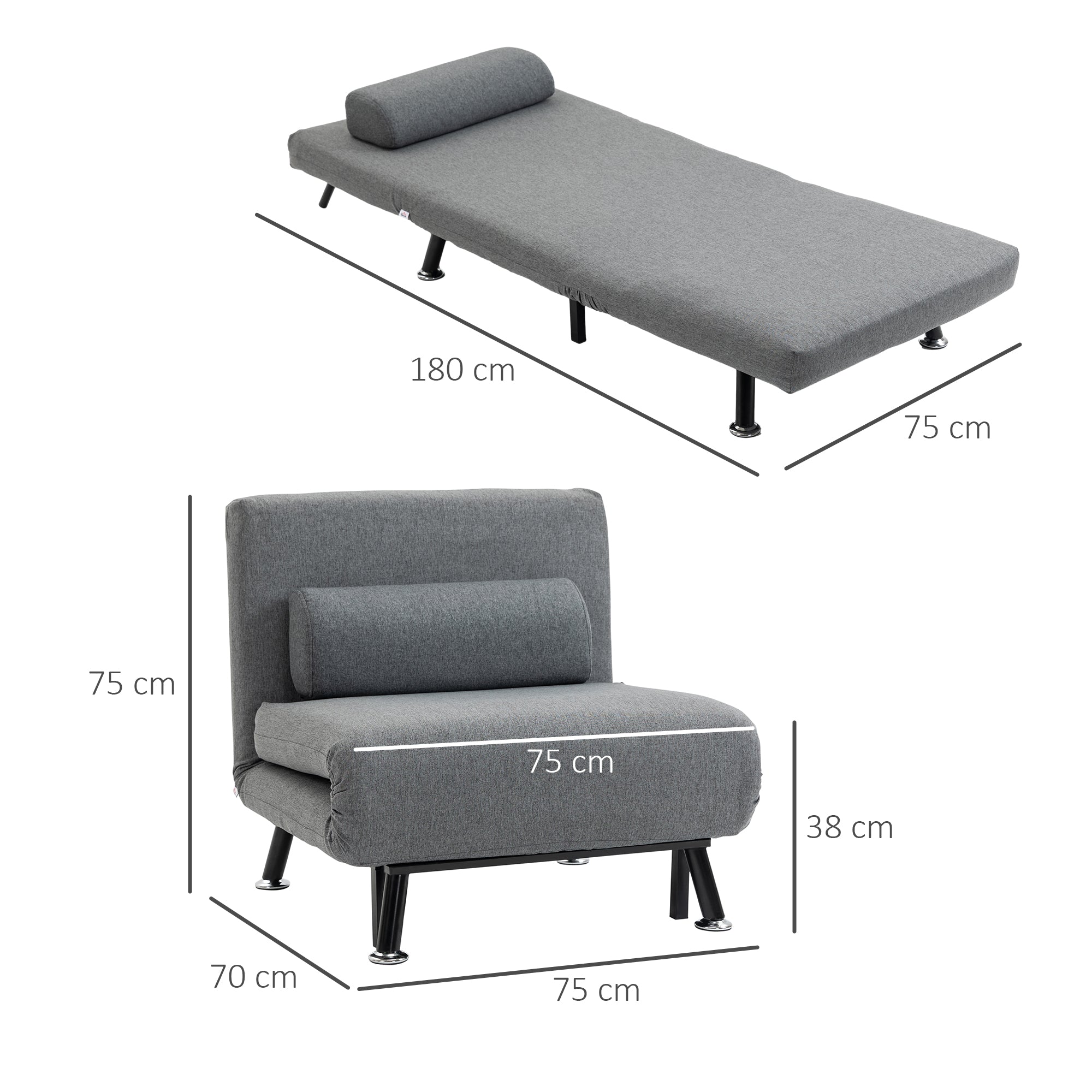 Poltrona Letto Reclinabile in 5 Posizioni 75x70x75 cm in Tessuto Effetto Lino e Acciaio Grigio