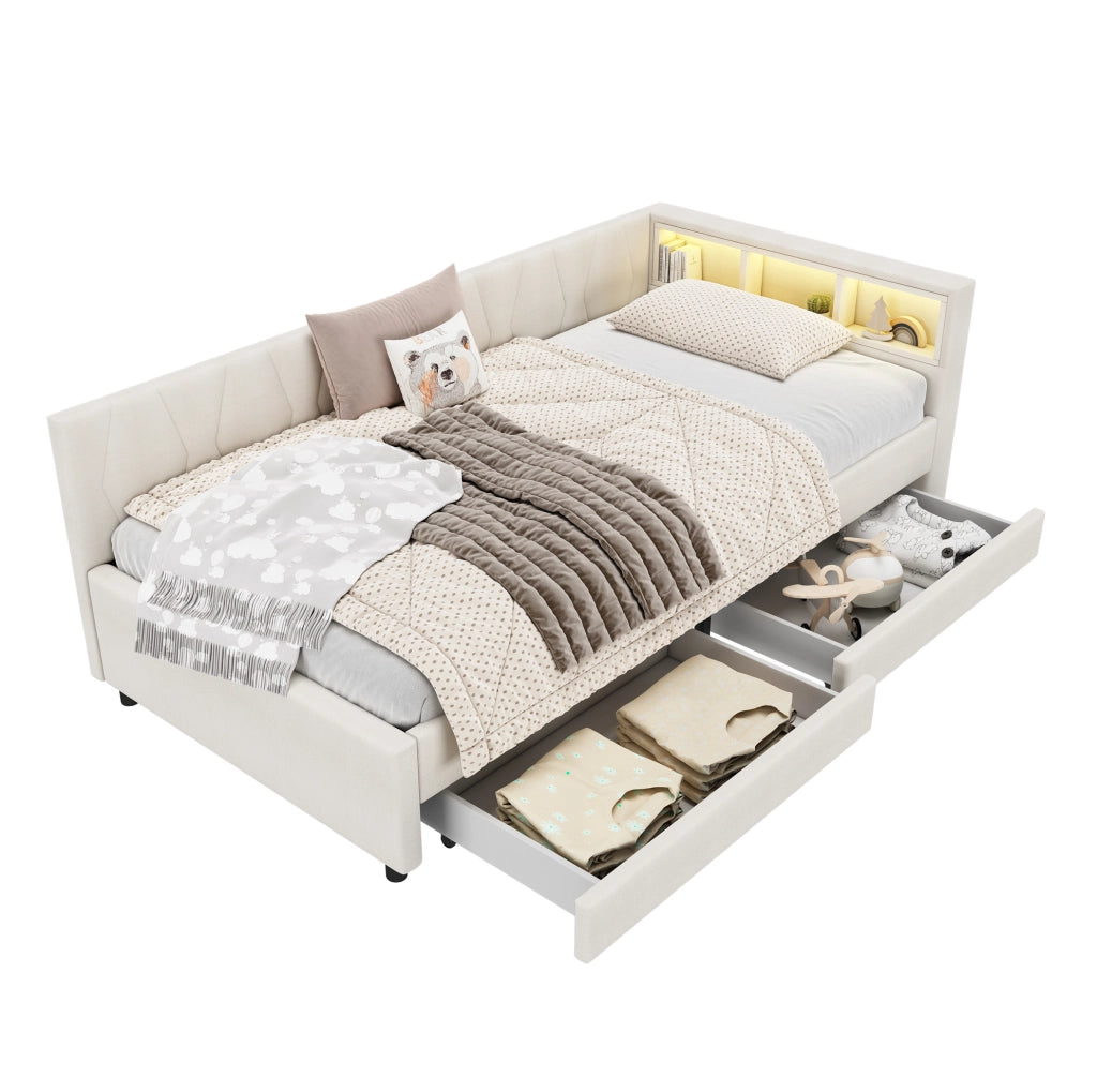 Letto daybed 90 x 200 cm in lino con LED, USB e cassetti