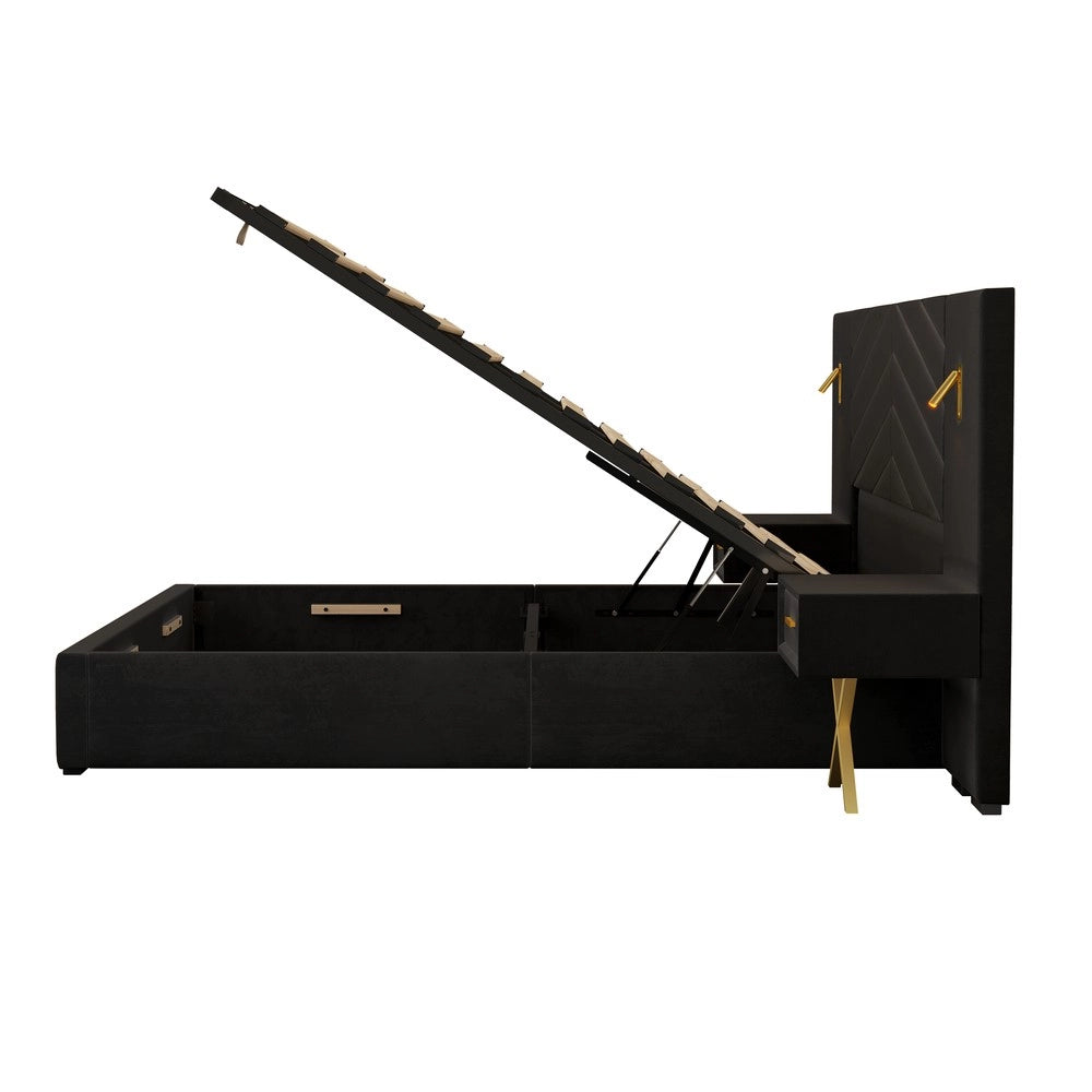 Letto Contenitore Imbottito con LED ¨C MINIMAL ¨C Velluto, 266x205x117 cm