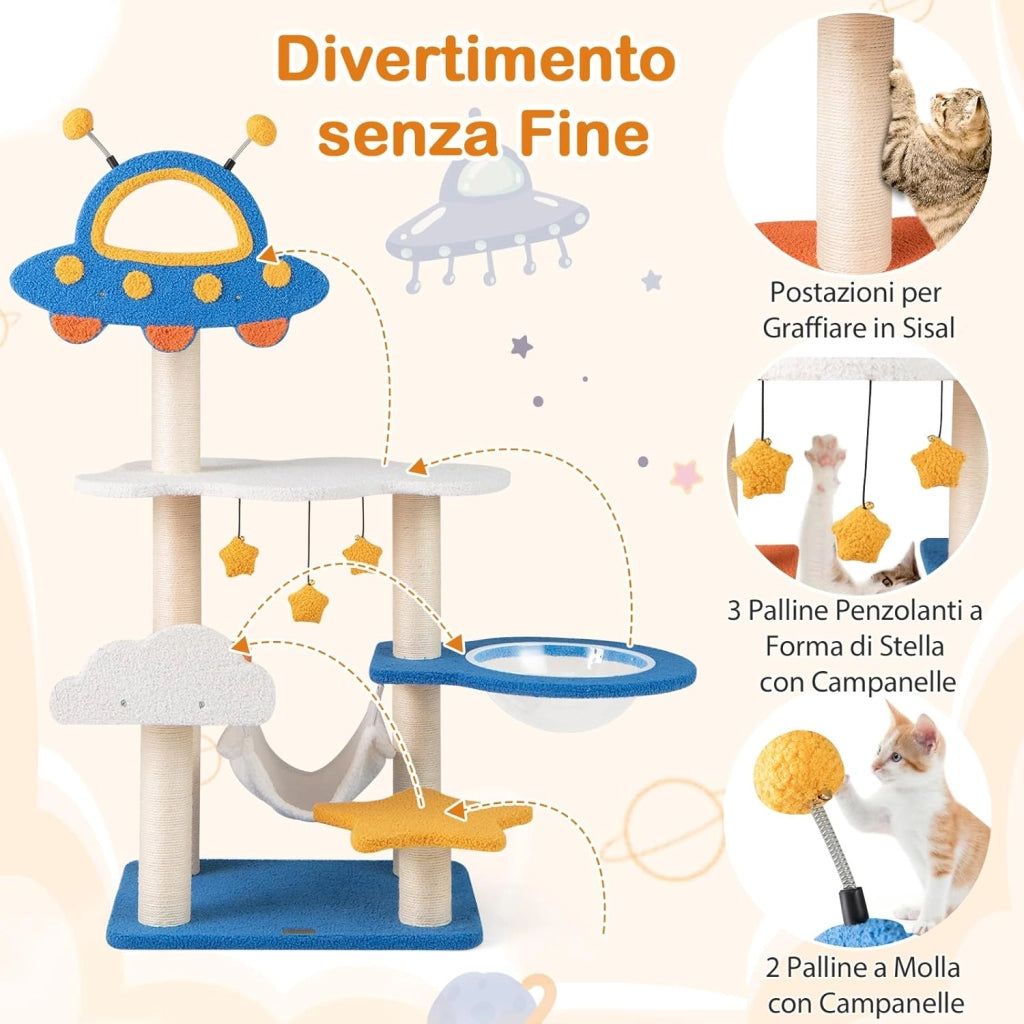 Tiragraffi per Gatti a Tema Spaziale, Albero per Gatti con Piattaforma a UFO e Pali in Sisal, Torre per Animali Domestici Interno (58 x 45 x 124cm)