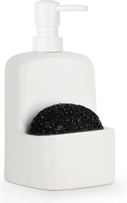 Dispensatore di sapone, bianco, dispensatore di detersivo per la lavastoviglie in ceramica, grande dispensatore di sapone liquido per mano con supporto spugna, dispensatore di sapone in materiale opaco riempibile per bagno, cucina, 380 ml