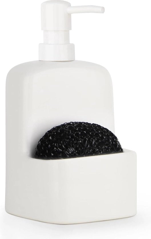 Dispensatore di sapone, bianco, dispensatore di detersivo per la lavastoviglie in ceramica, grande dispensatore di sapone liquido per mano con supporto spugna, dispensatore di sapone in materiale opaco riempibile per bagno, cucina, 380 ml