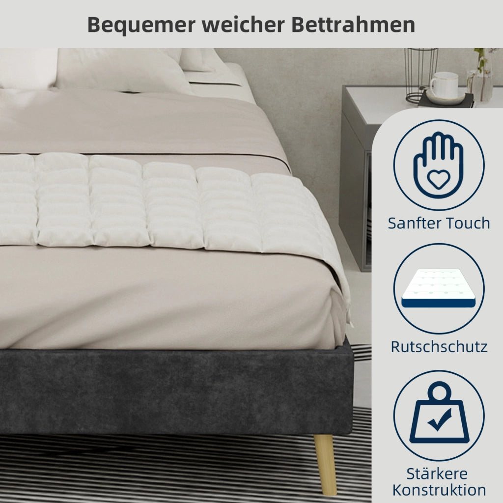 Letto matrimoniale 140 × 200 cm con struttura stabile, senza testiera e senza materasso, in tessuto e metallo, grigio