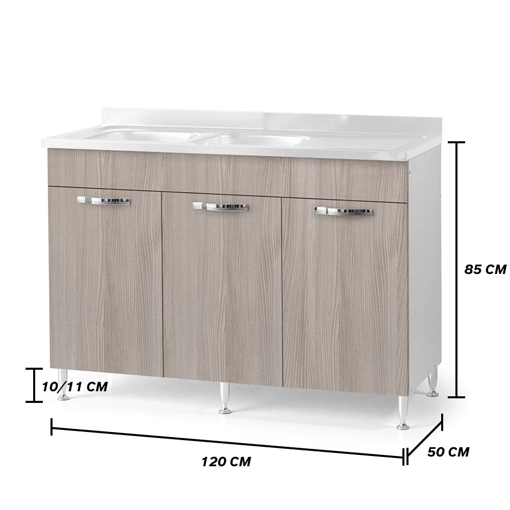 Sottolavello per cucina componibile da 120 cm con tre ante, realizzata in legno 100% MADE IN ITALY colore Olmo