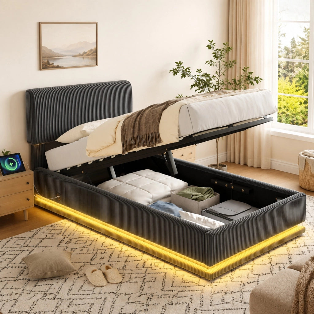 Letto imbottito 90x200 cm in tessuto corduroy grigio scuro con testiera regolabile; LED e USB-C