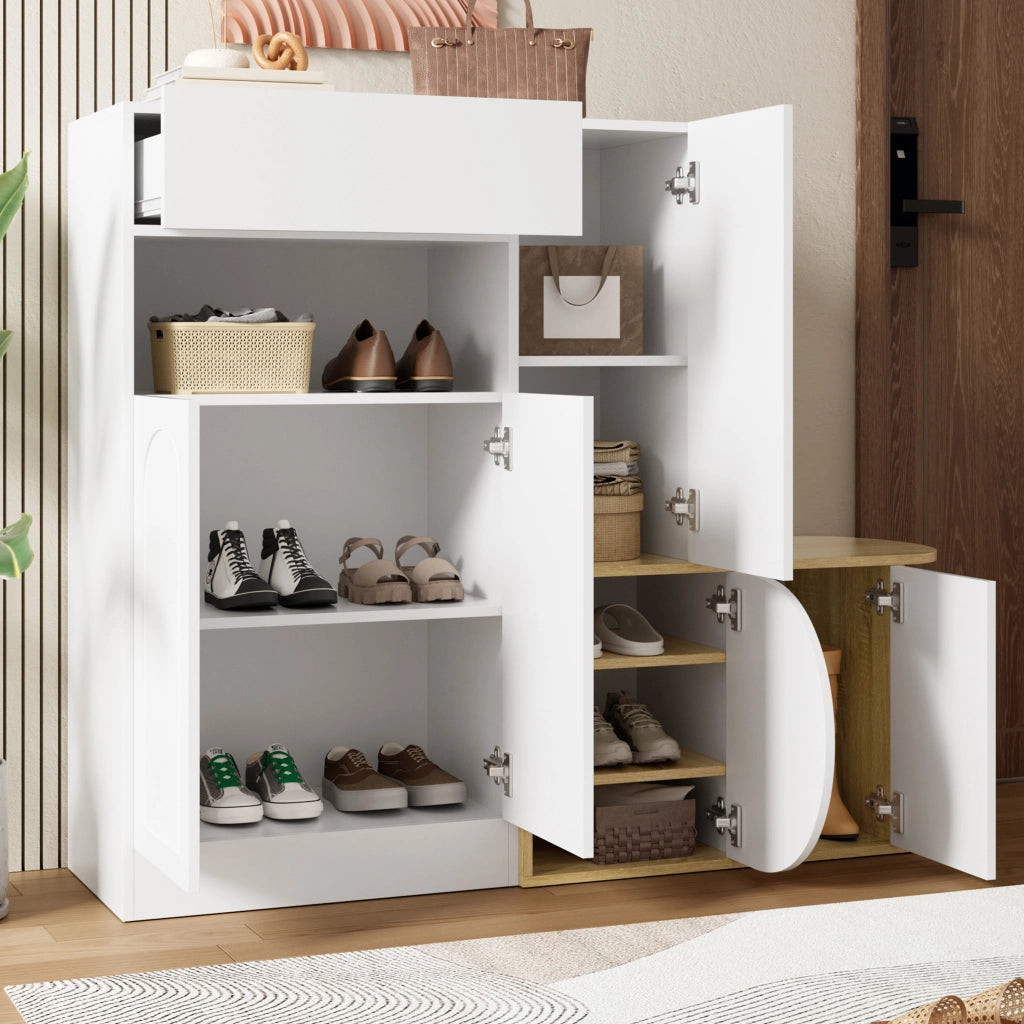 Mobile scarpiera con panca, 1 cassetto, 5 ante e vano aperto, per ingresso, in MDF, bianco, 130 × 35 × 110,5 cm