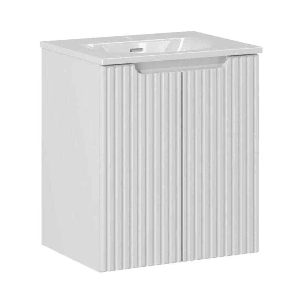 Set bagno sospeso VANO bianco 50cm: mobiletto sottolavabo con ante scanalate + lavabo incassato bianco