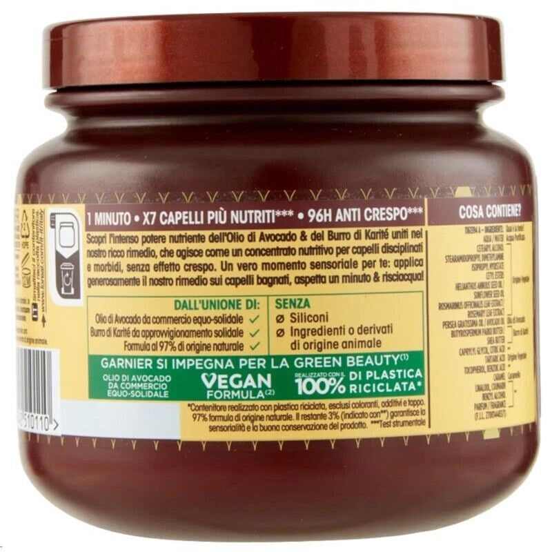 GARNIER ULTRA DOLCE 3 MASCHERE NUTRIENTE PER CAPELLI SECCHI E CRESPI IN 1 MINUTO AVOCADO E BURRO DI KARITÉ 340 ML