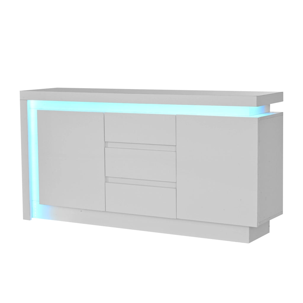 Credenza con 2 ante; 3 cassetti e LED - per soggiorno - 140×35×72 cm - bianco