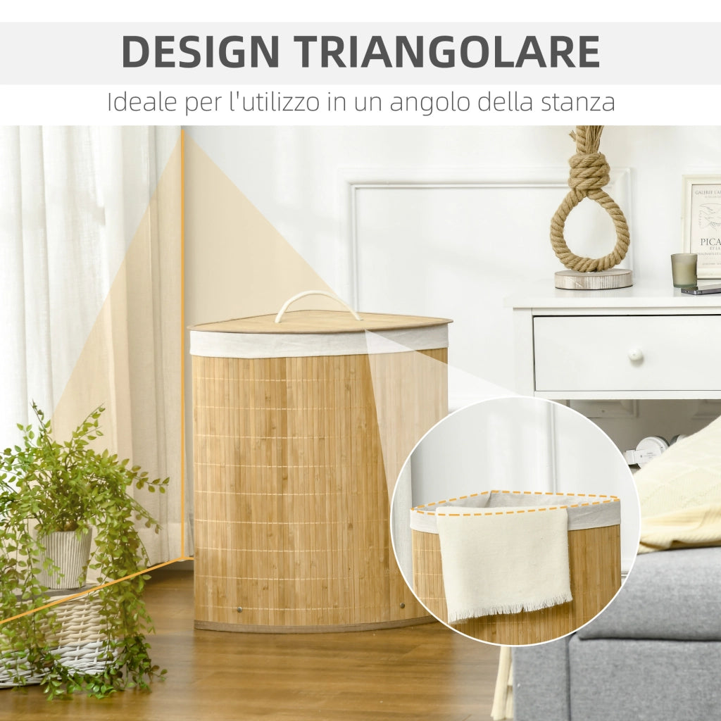 Cesto Portabiancheria con Coperchio Triangolare in Bamb¨´ e Tessuto. 38x38x57cm. Colore Legno