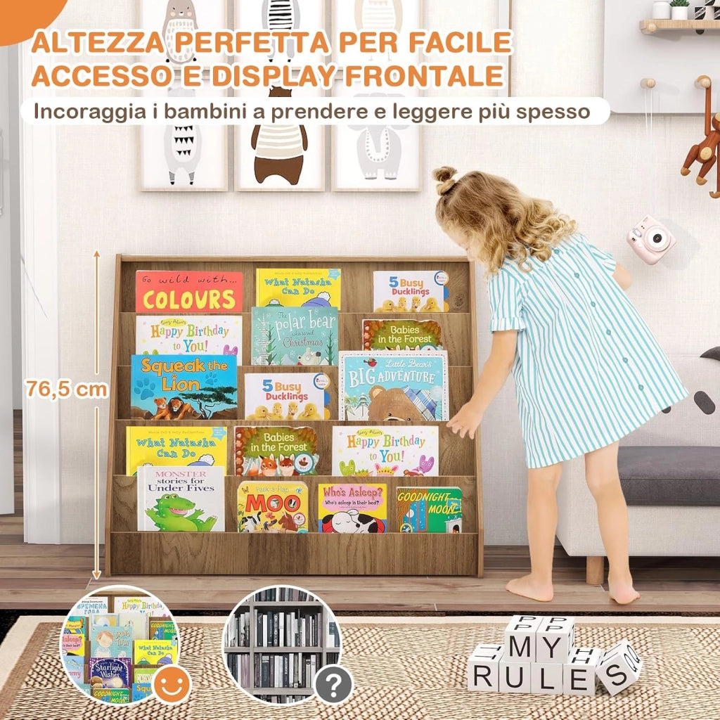 Libreria Montessoriana per Bambini a 5 Livelli, Scaffali Espositivi con Spazio Nascosto sul Retro e Antiribaltamento, per Cameretta, Soggiorno e Asilo Nido, 91 x 38 x 76,5 cm (Naturale)