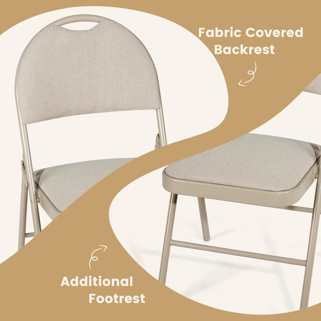 Set di 4 sedie pieghevoli in tessuto, sedie pieghevoli con sedile e schienale imbottito, sedie da pranzo con poggiapiedi telaio in metallo, 50 x 47 x 88,5 cm (Beige)