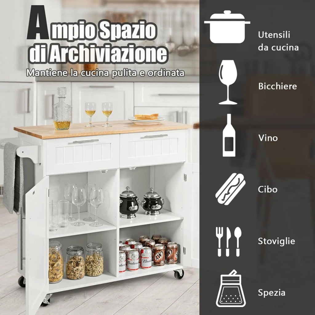 Carrello da Cucina, Isola da Cucina con Cassetti Portaoggetti e Armadietti, Ruote Universali e Portasciugamani, Ideale per Casa Ristorante Bar (Bianco)