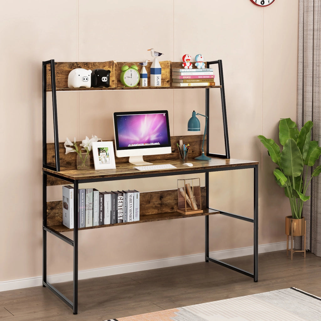 Scrivania per computer con 3 scomparti libreria e ripiano, Scrivania da 120cm salvaspazio per ufficio Marrone