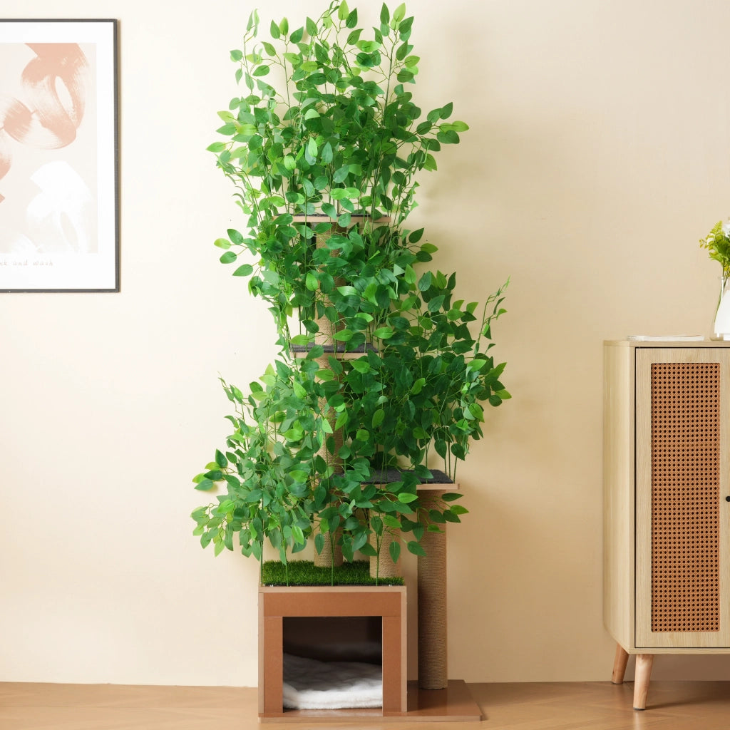 OKWISH Tiragraffi ad Albero, con 4 Piattaforme e Cuccia, per Arrampicarsi e Nascondersi, MDF, Verde, 60 x 45 x 190 cm