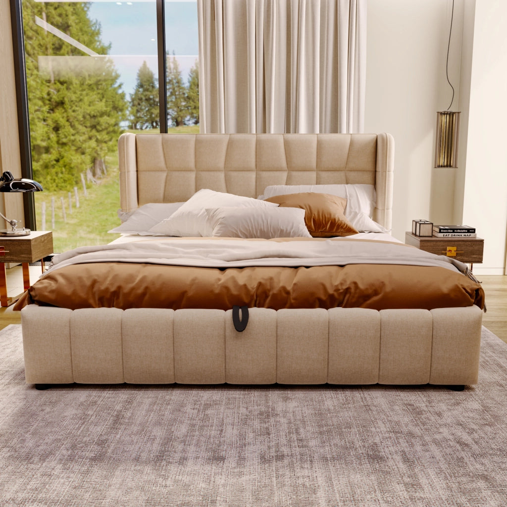 Letto matrimoniale in lino beige 180x200 con doghe pneumatico e testiera