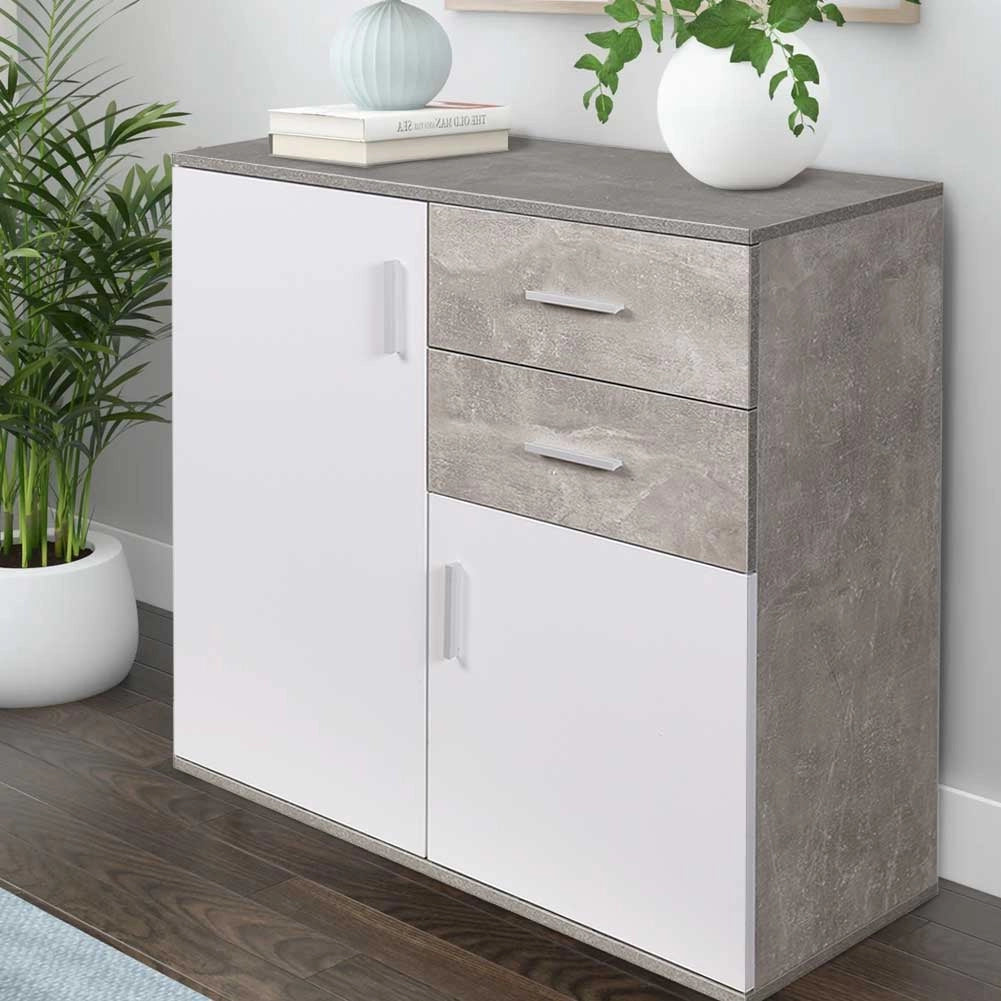 Mobile Cassettiera Moderna 2 Porte 2 Cassetti Design Minimal Bianco Grigio 82cm