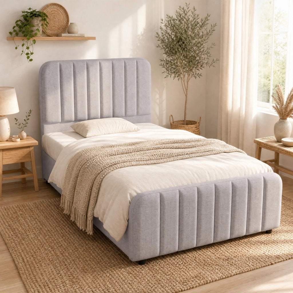 Letto singolo imbottito 90x200 cm con contenitore; rete inclusa; grigio in lino