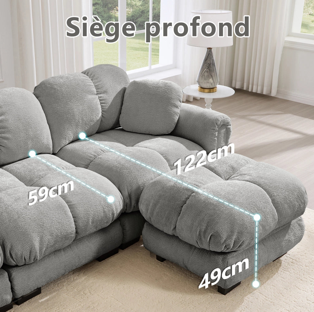 Divano a 3 posti a forma di U in tessuto Chenille grigio chiaro con ottomana mobile e 2 cuscini decorativi
