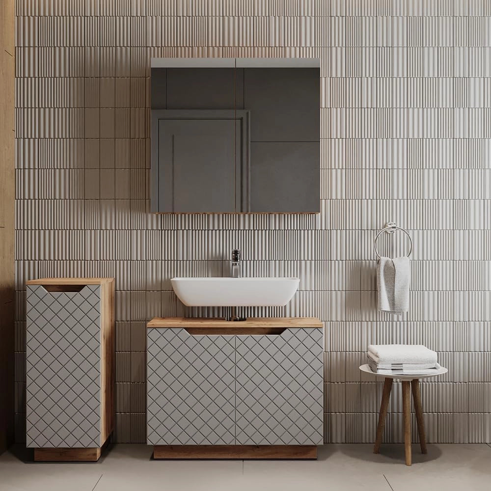 Set di mobili da bagno Lotta, Rovere/grigio con struttura in piastrelle, 3 parti