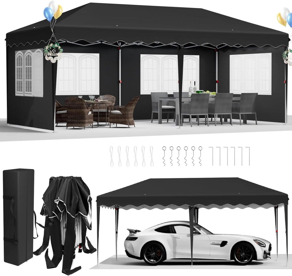 Gazebo pieghevole 3 x 6, 3 x 6 m, impermeabile, resistente all'inverno, stabile gazebo da giardino con 6 sacchi di sabbia e 4 parti laterali, pop-up, UV50+, per feste, matrimoni, picnic (Nero)